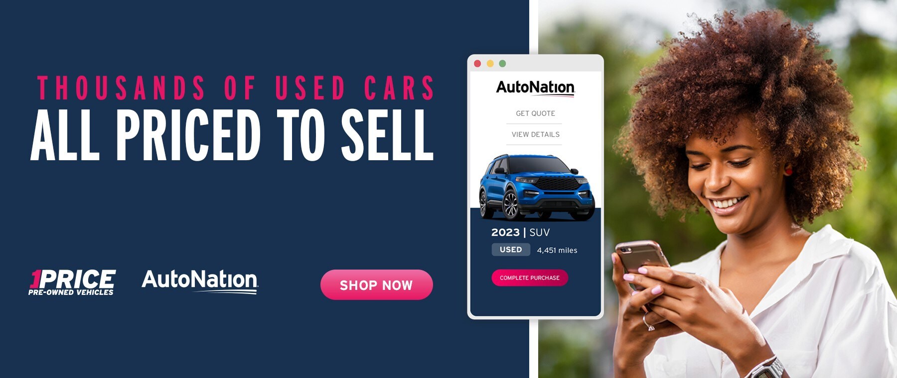 Image that reads AutoNation 1Price Pre-Owned Vehicles, couple looking at a white car